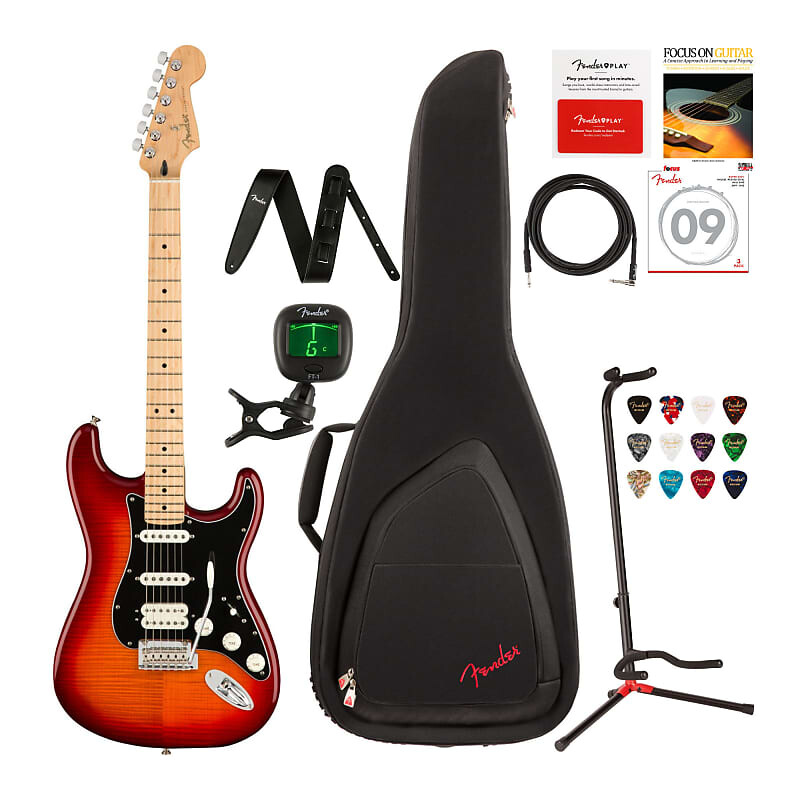 

Fender Player Stratocaster HSS Plus Top Electric Guitar Deluxe Bundle - Aged Cherry Burst
