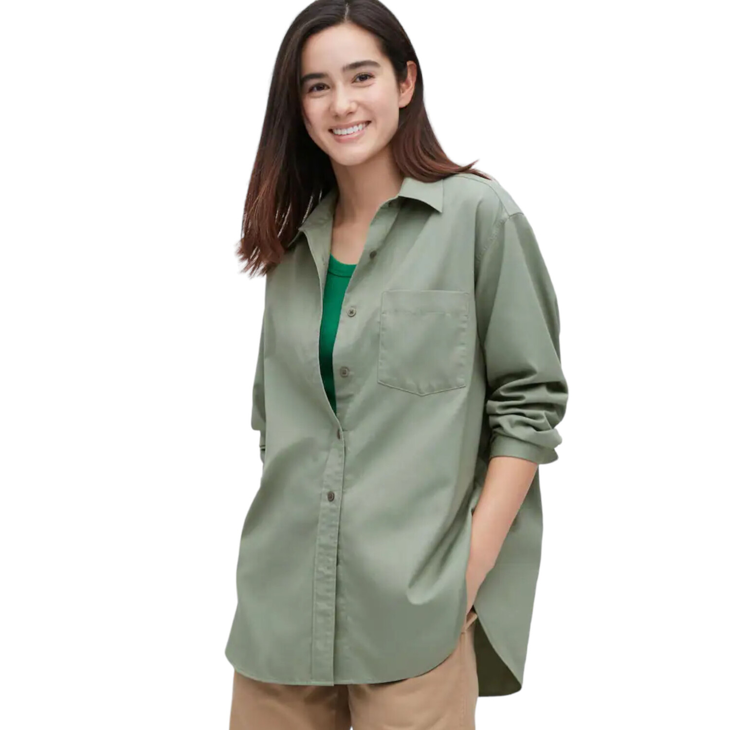 

Рубашка Uniqlo Cotton Twill Oversized Long Sleeved, зеленый