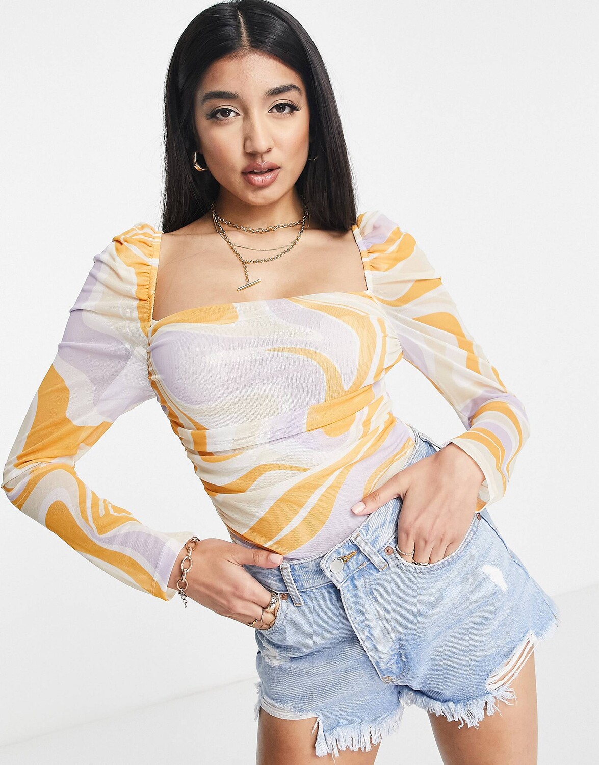

Оранжевое сетчатое боди с длинными рукавами и рюшами ASOS DESIGN - MULTI