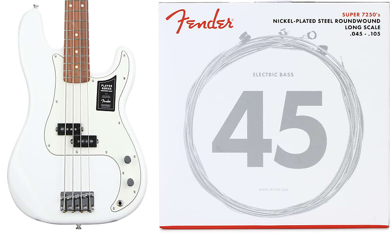 

Fender Player Precision Bass - Polar White с накладкой Pau Ferro Комплект струн Fender 7250M из никелированной стали с длинной мензурой для бас-гитары - .045-.105 Medium 0149803515=1 0737250406=1