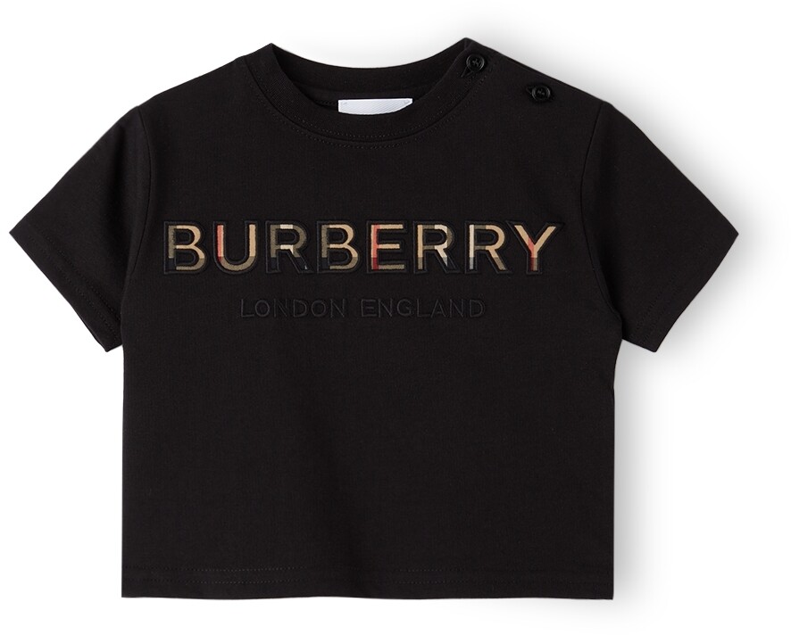 

Детская черная футболка в винтажную клетку с логотипом Burberry
