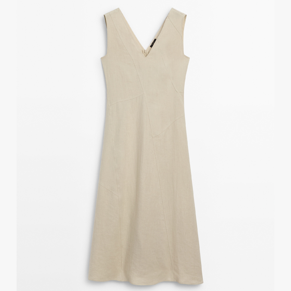 Платье Massimo Dutti Long 100% Linen With Topstitching, бежевый