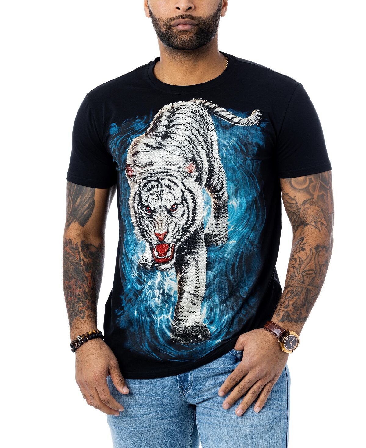 

Мужская футболка со стразами white tiger on water X-Ray, черный