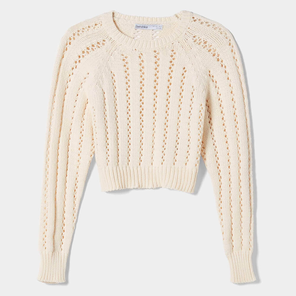 

Свитер Bershka Cropped Round Neck Open Knit, кремовый
