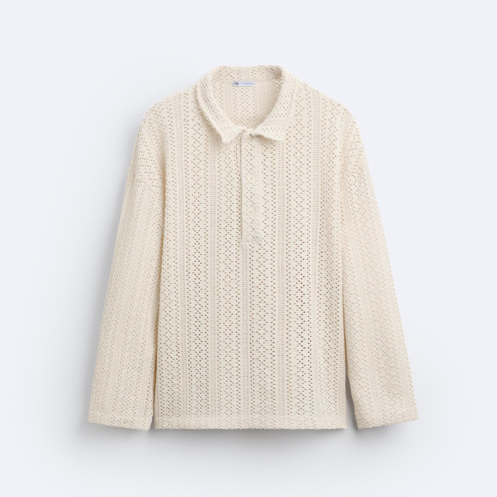 Футболка поло Zara Textured Crochet, кремовый поло zara textured shirt кремовый
