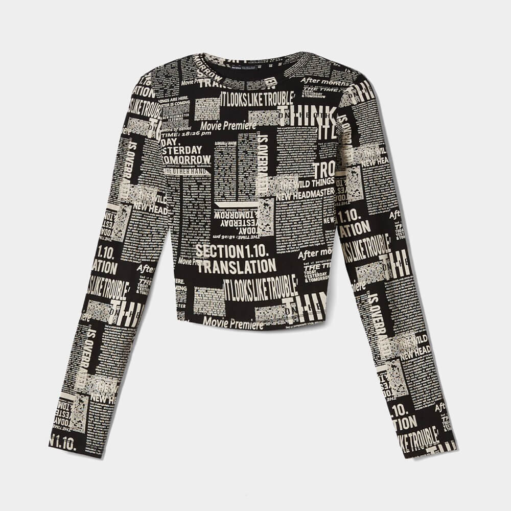 

Лонгслив Bershka Butterfly Print, чёрно-белый