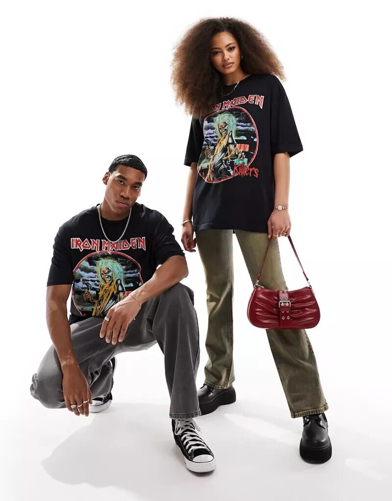 

Черная оверсайз-футболка унисекс ASOS с лицензионными принтами полос Iron Maiden