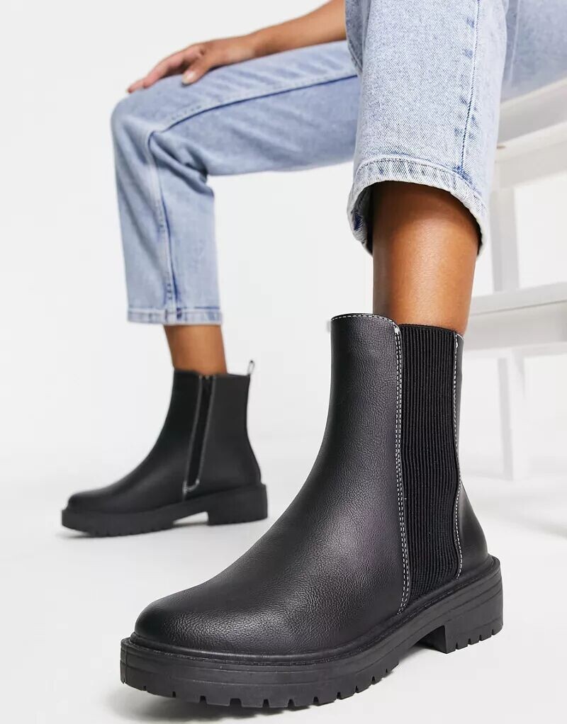 

Прочные ботильоны New Look Wide Fit на плоской подошве в стиле челси черного цвета с высоким голенищем