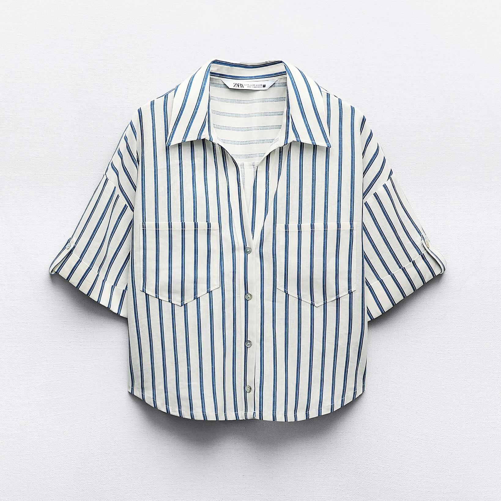 Рубашка Zara Linen Blend Short Sleeve, синий/белый рубашка zara linen cotton blend синий