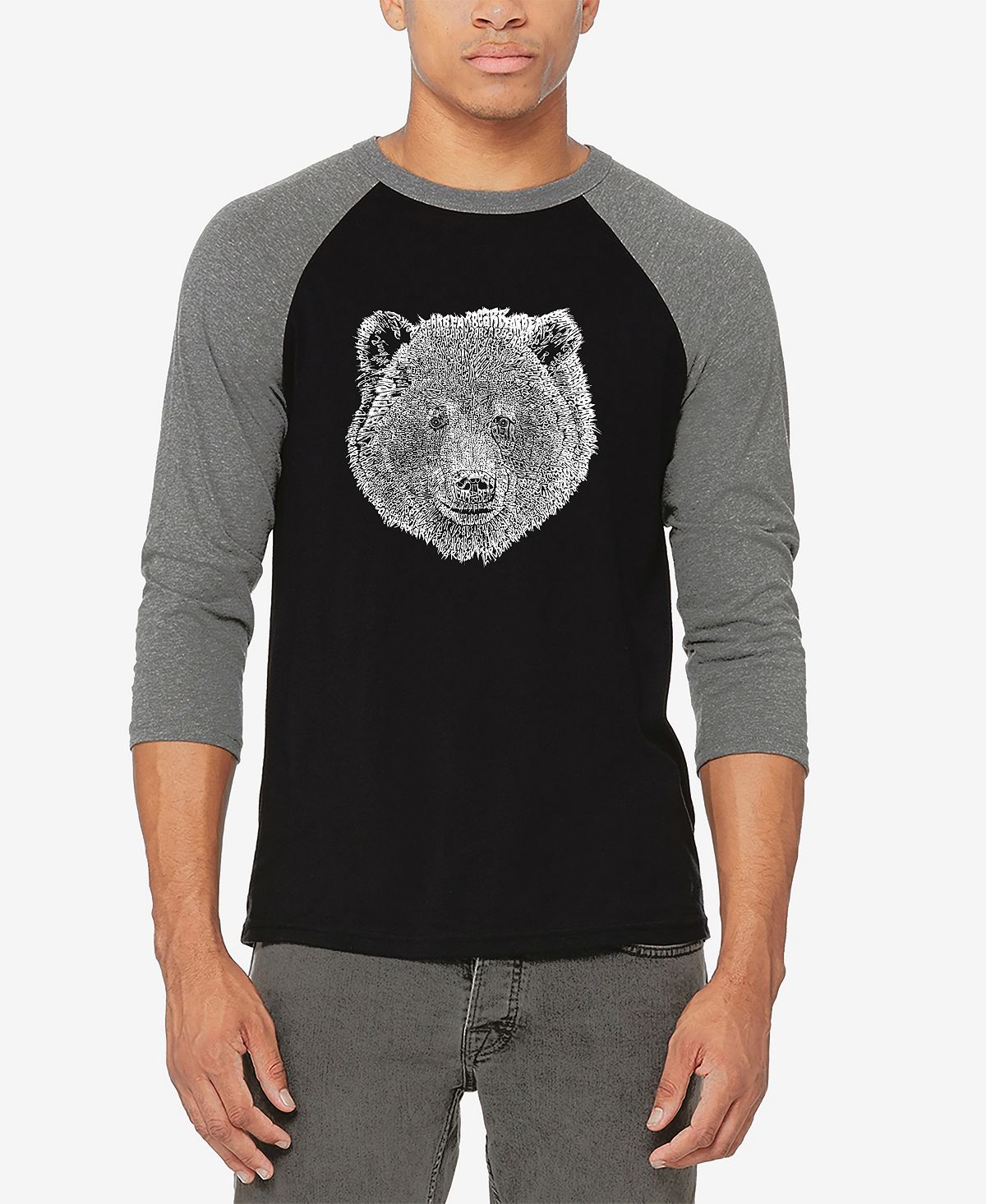 Мужская футболка с бейсбольным регланом word art bear face LA Pop Art, мульти три медведя медведи