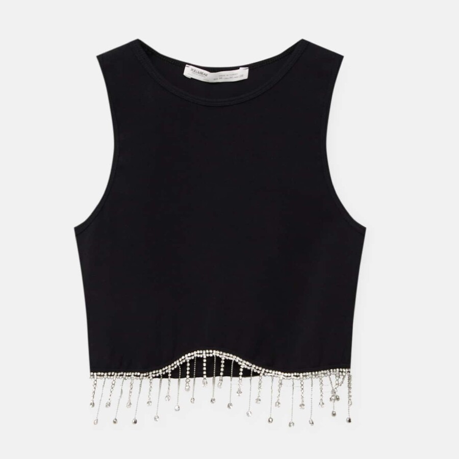 

Топ Pull&Bear Crop Top With Rhinestone-embellished Hem, черный