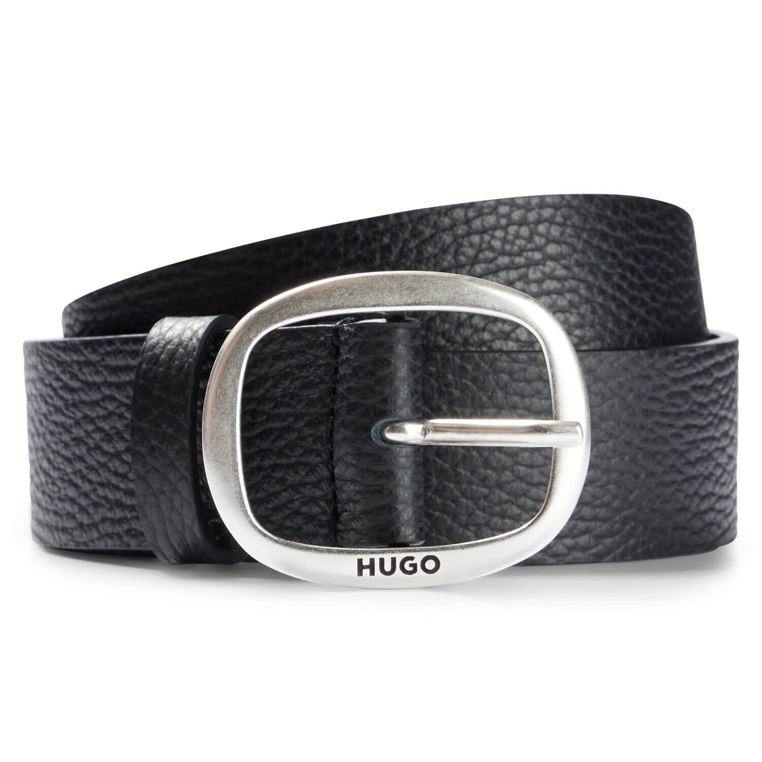 

Ремень Hugo Grained-leather With Silver-toned Branded Buckle, черный