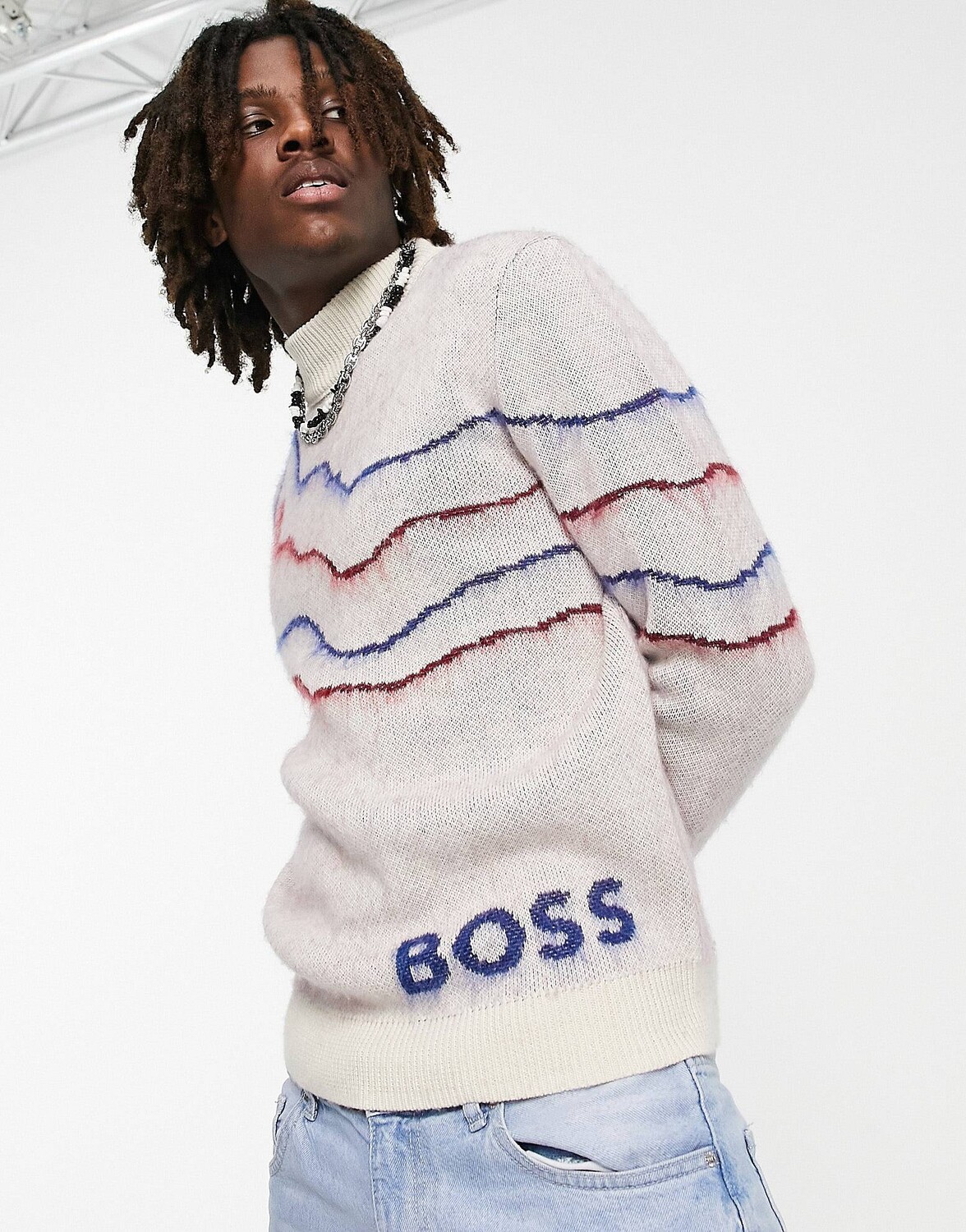

Открытый белый джемпер с логотипом Kamonte и полосками BOSS Casual