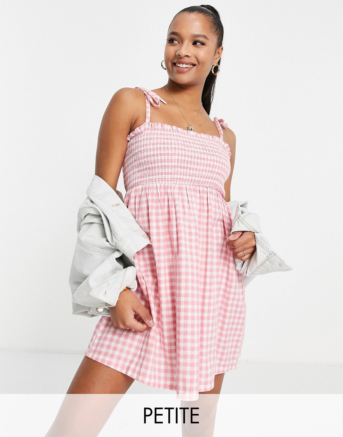 

Розовый присборенный сарафан в мелкую клетку Miss Selfridge Petite