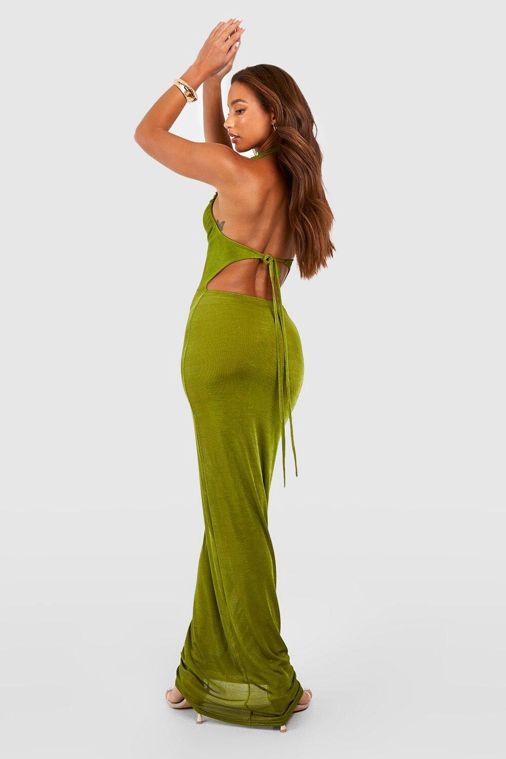 

Высокое платье макси с без спинки и сборки на холтере Boohoo, оливковый, Зеленый