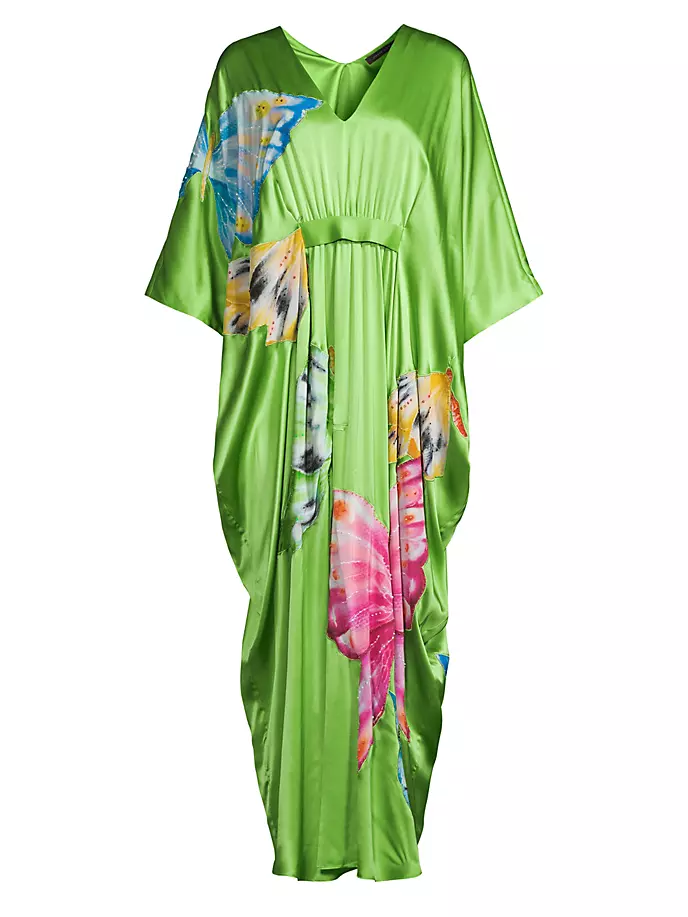 

Украшенный шелковый атласный кафтан Kyoto Couture Josie Natori, цвет limon
