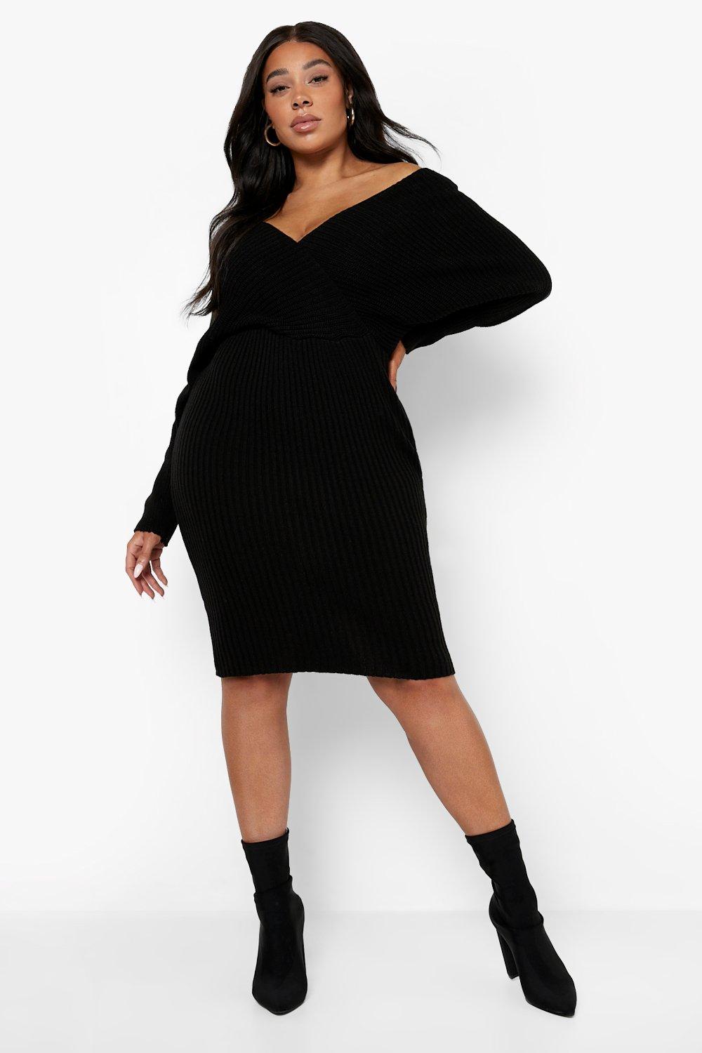 Трикотажное платье-свитер с открытыми плечами в ребку Boohoo, черный