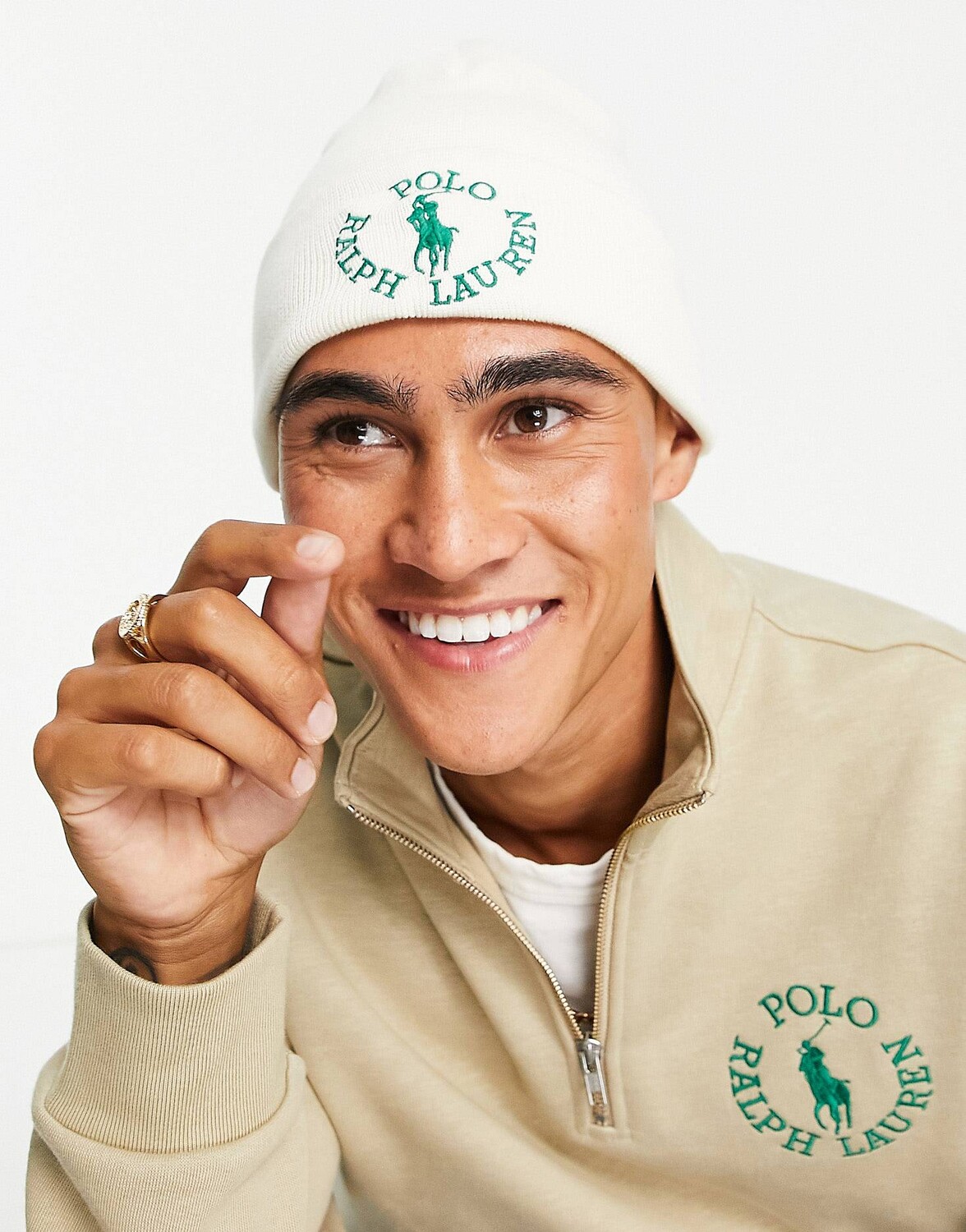 

Кремовая шапка Polo Ralph Lauren x ASOS Exclusive Collab с круглым логотипом