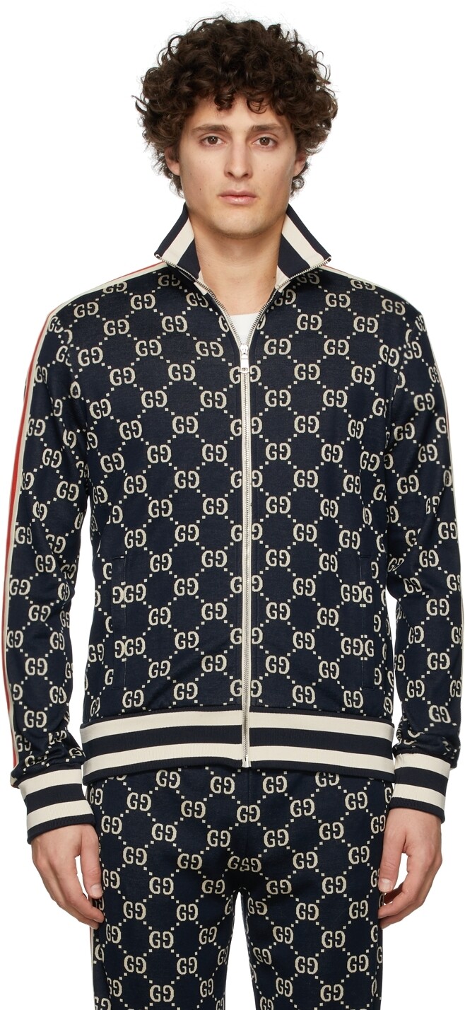 

Темно-синяя куртка из хлопкового жаккарда с узором GG Gucci, Синий