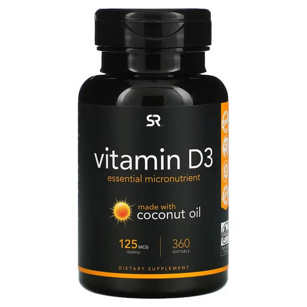 Витамин D3 с кокосовым маслом Sports Research 125 мкг, 360 таблеток sports research витамин k2 с кокосовым маслом растительного происхождения 100 мкг 60 растительных капсул