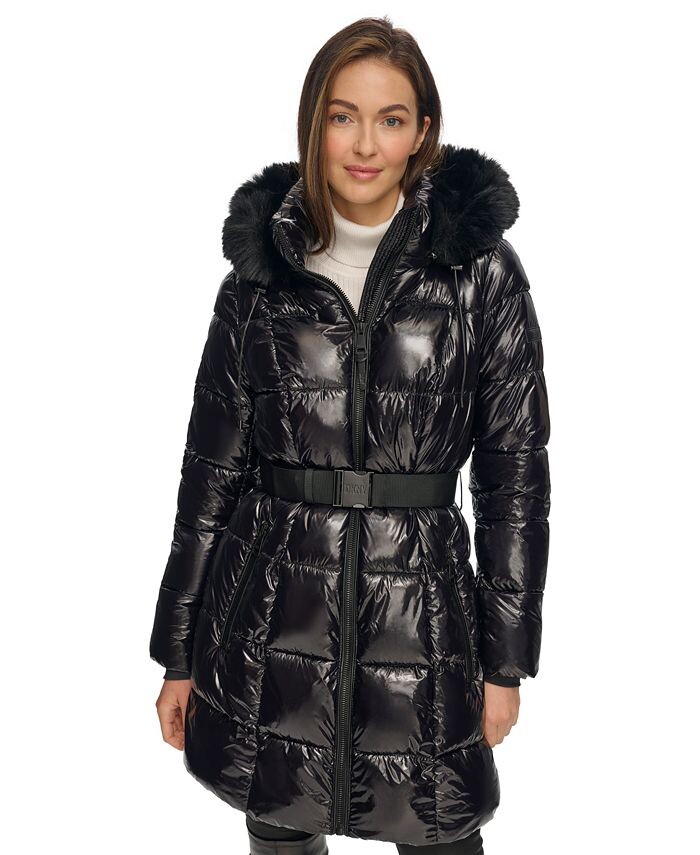 

Женский пуховик с капюшоном и отделкой из искусственного меха с поясом DKNY, черный