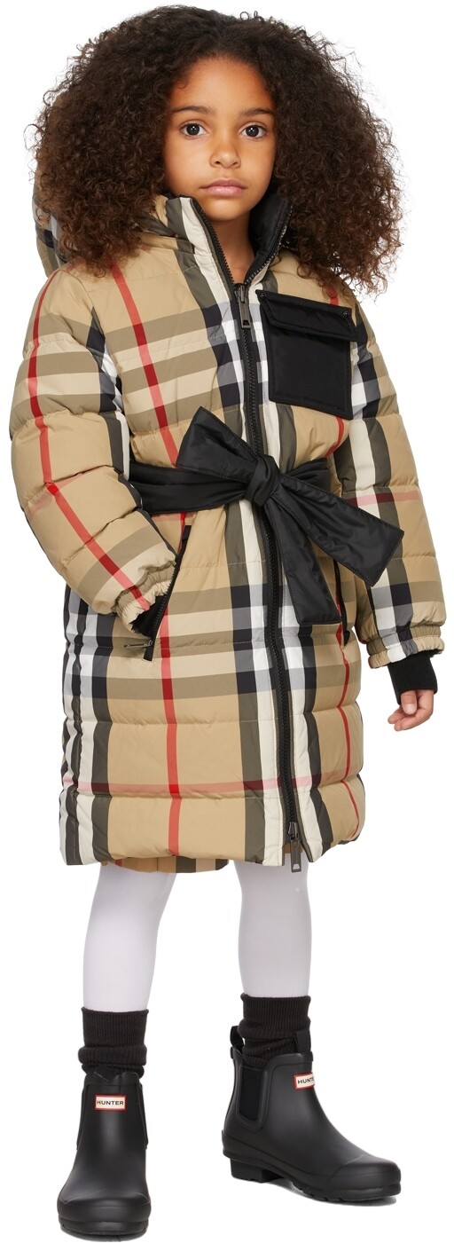 

Детское двустороннее бежевое пуховое пальто в клетку Burberry