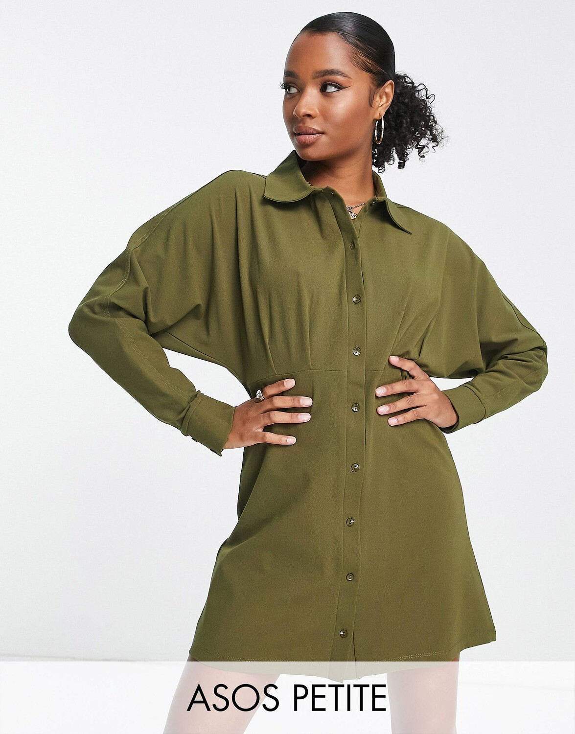 

Мини-платье-рубашка цвета хаки с длинными рукавами и рюшами ASOS DESIGN Petite
