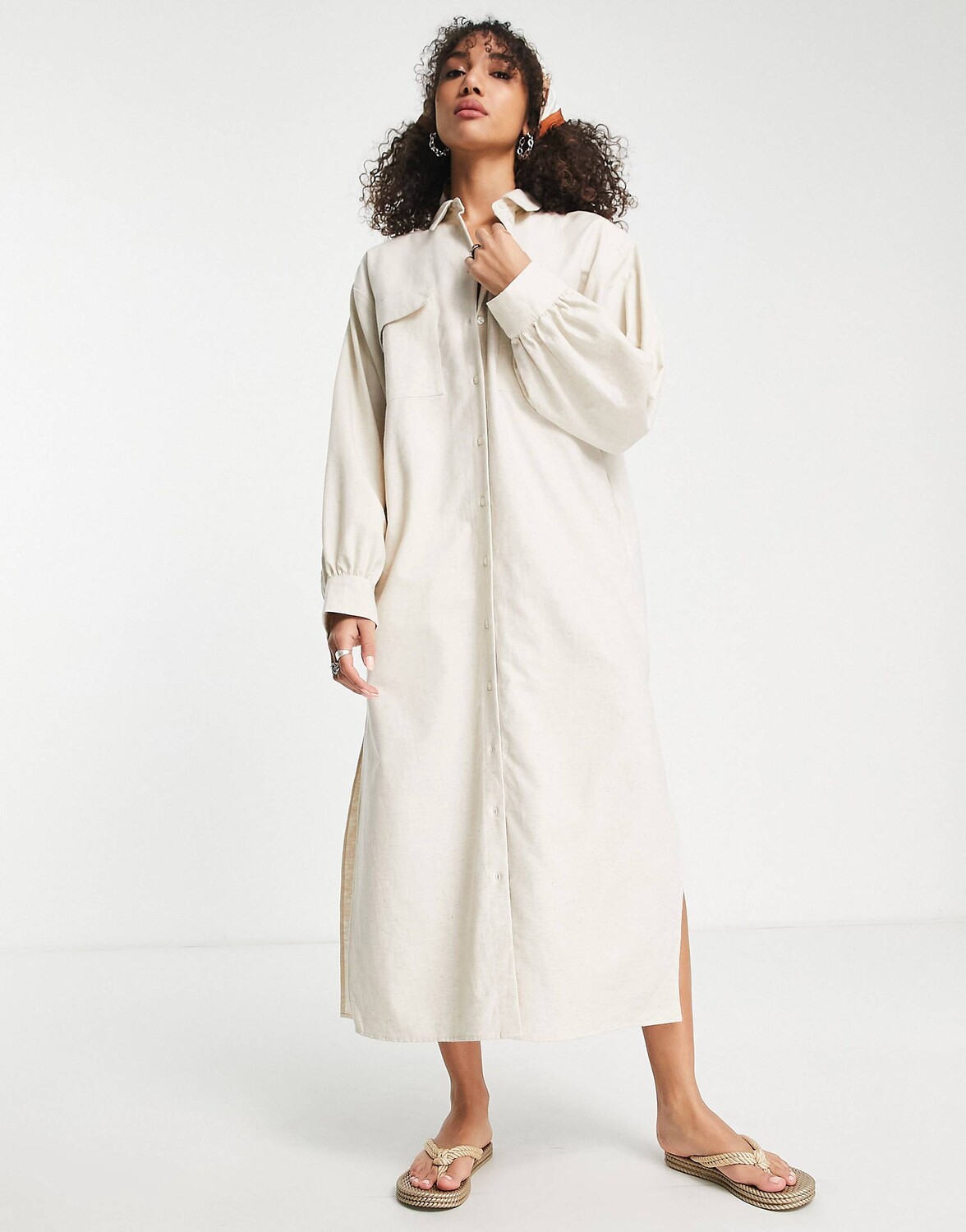 

Бежевое повседневное льняное платье-рубашка макси ASOS DESIGN