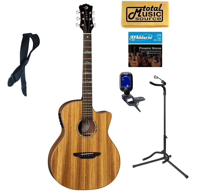 Акустическая гитара Luna Guitars HT ZBR GCE High Tide Zebrawood Grand Concert Cutaway A/E, Stand Bundle