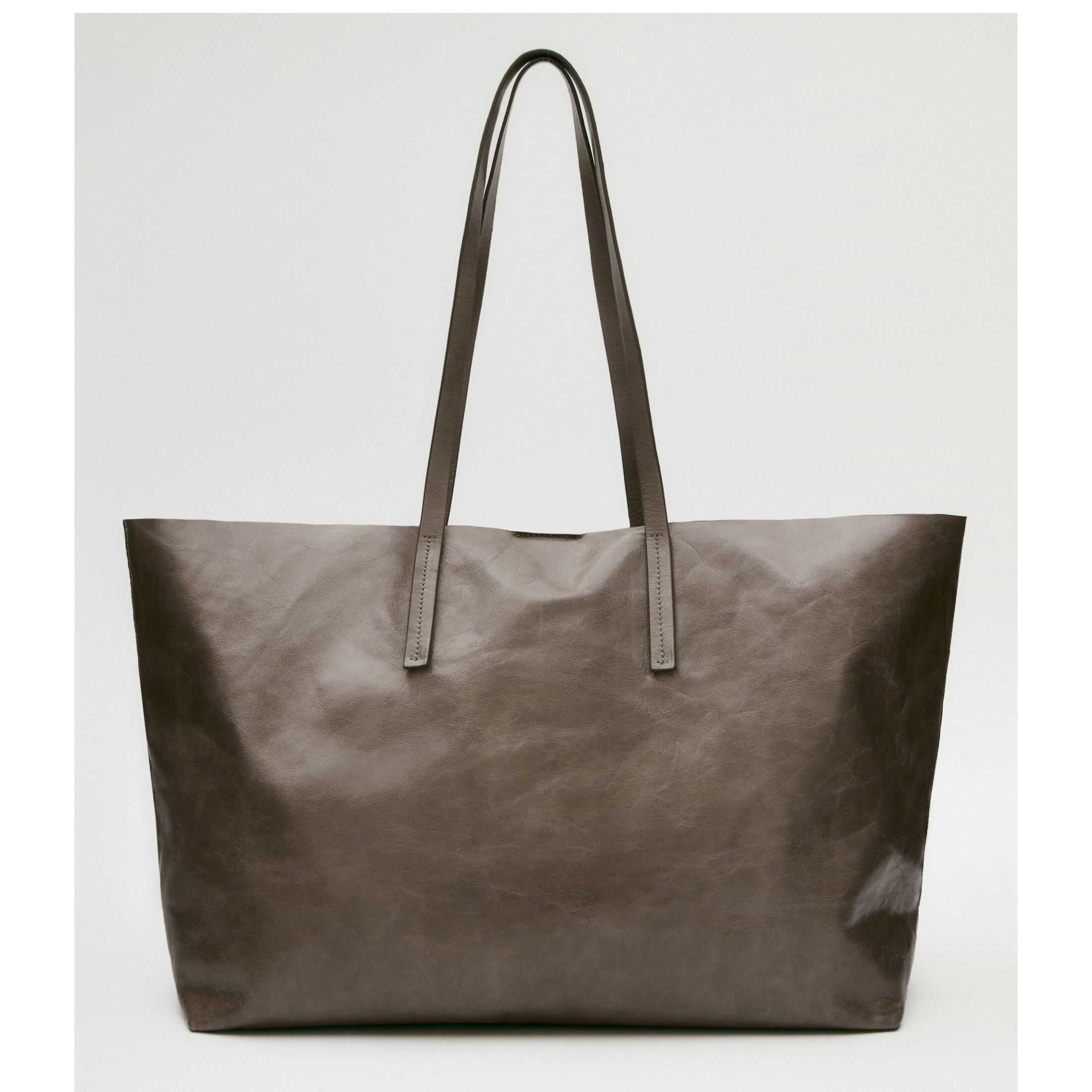 цена Сумка Massimo Dutti Leather Tote With A Crackled Finish, коричнево-серый