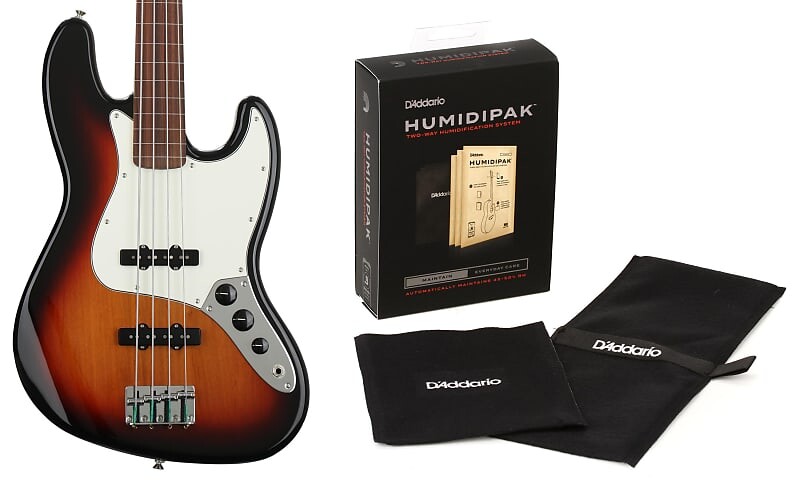 

Fender Player Fretless Jazz Bass - 3-Tone Sunburst с Pau Ferro Комплект накладки на гриф с D'Addario Humidipak Автоматическая система контроля влажности Fender + D'Addario 0149933500=1 PW-HPK-01=1
