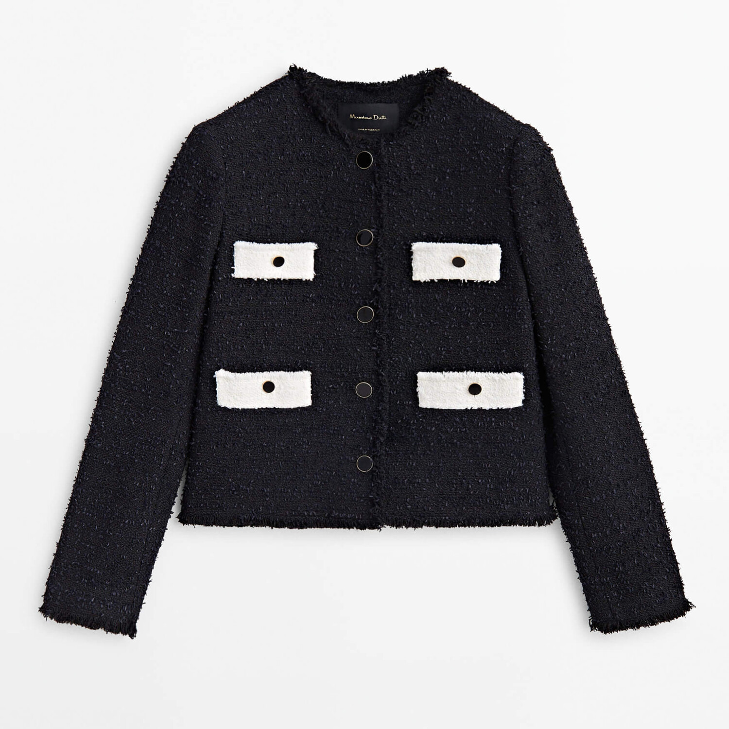 

Жакет Massimo Dutti Contrast Textured Cropped With Pockets, черный/кремовый