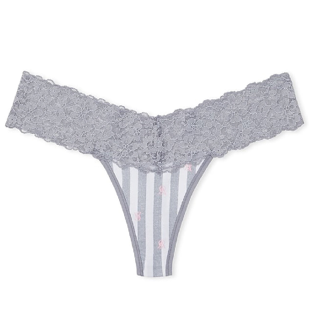

Трусы Victoria's Secret The Lacie Lace-Waist Cotton Thong Classic Lace, серый/белый