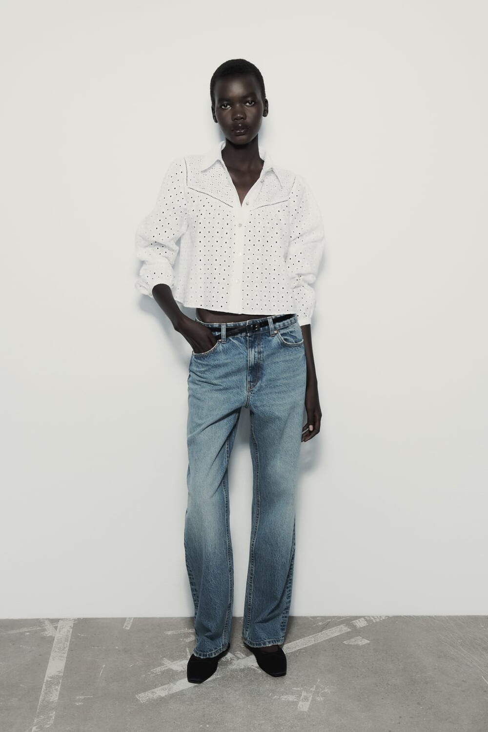 

Укороченная рубашка с вышивкой ZARA, белый