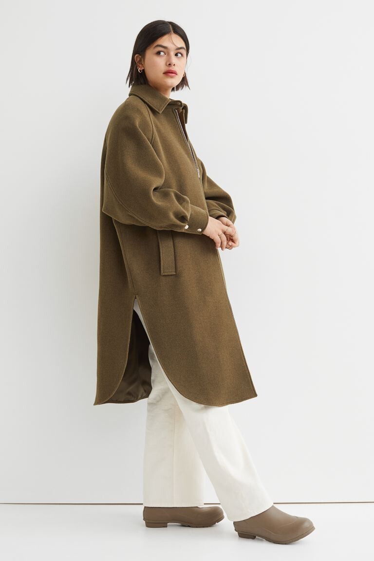 

Пальто оверсайз с шерстью H&M, темно-оливковый зеленый