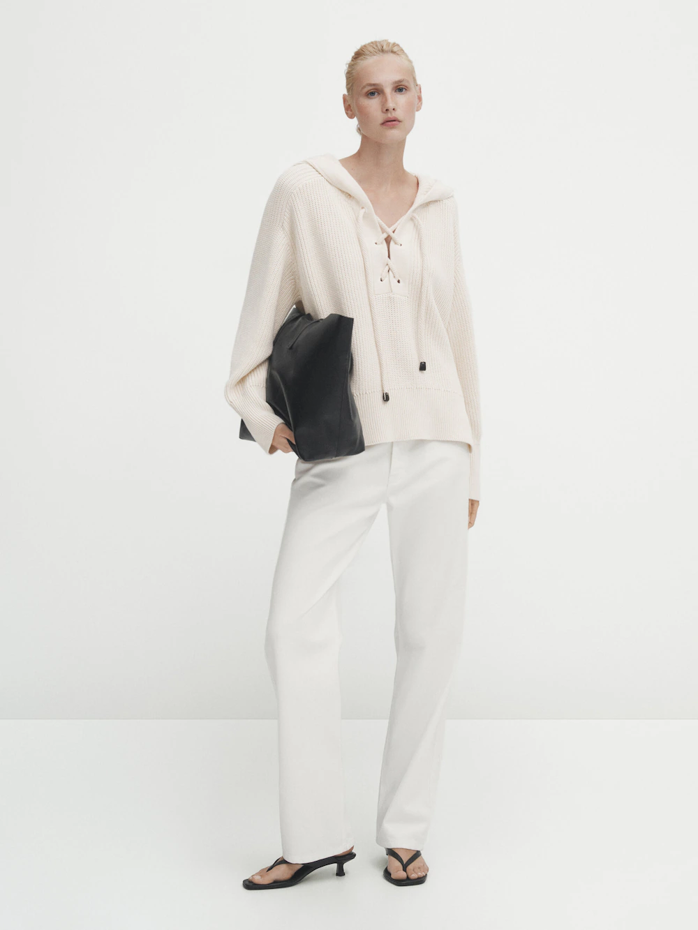 

Трикотажный свитер с капюшоном и кулисами Massimo Dutti, кремовый, Бежевый