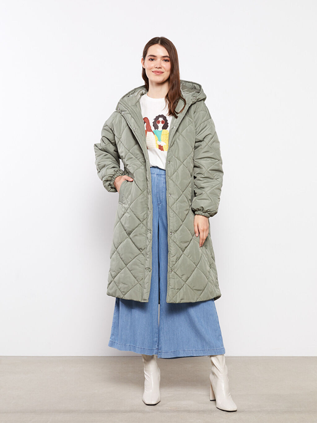 

Женский пуховик с капюшоном и стеганым узором с длинным рукавом LCW Modest