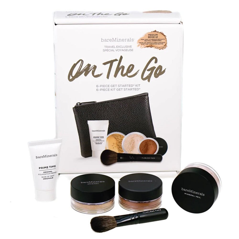 

bareMinerals Набор On The Go Prime Time Original Foundation Primer 15 мл + Original Foundation 2 г + Mineral Veil Finishing Powder 2 г + Теплая универсальная краска для лица 1,5 г + безупречная кисть для нанесения + клатч для макияжа