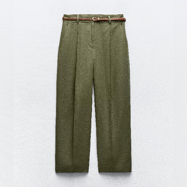Брюки Zara Linen Blend Straight With Braided Belt, темно-зеленый