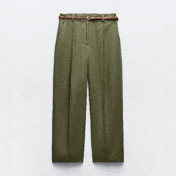 

Брюки Zara Linen Blend Straight With Braided Belt, темно-зеленый