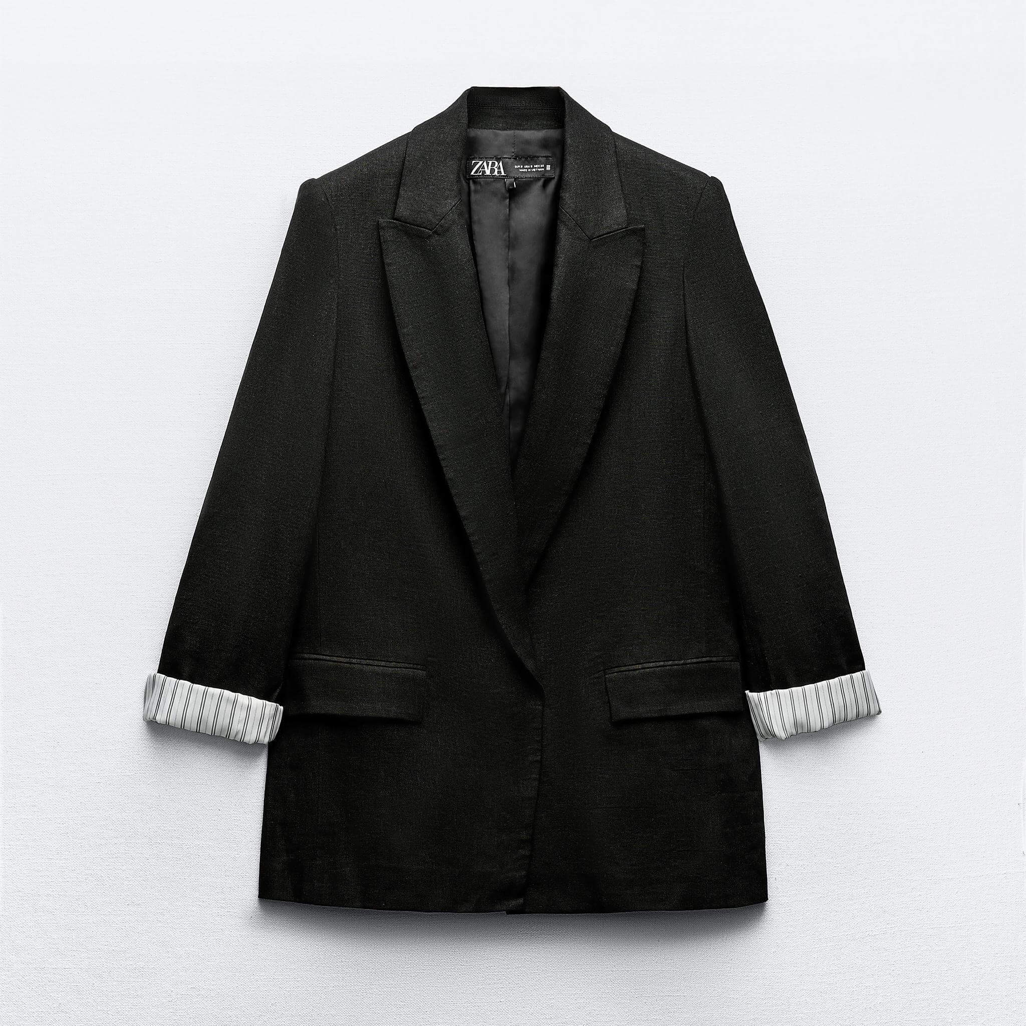 Блейзер Zara Linen Blend Roll-Up Sleeve Open, черный