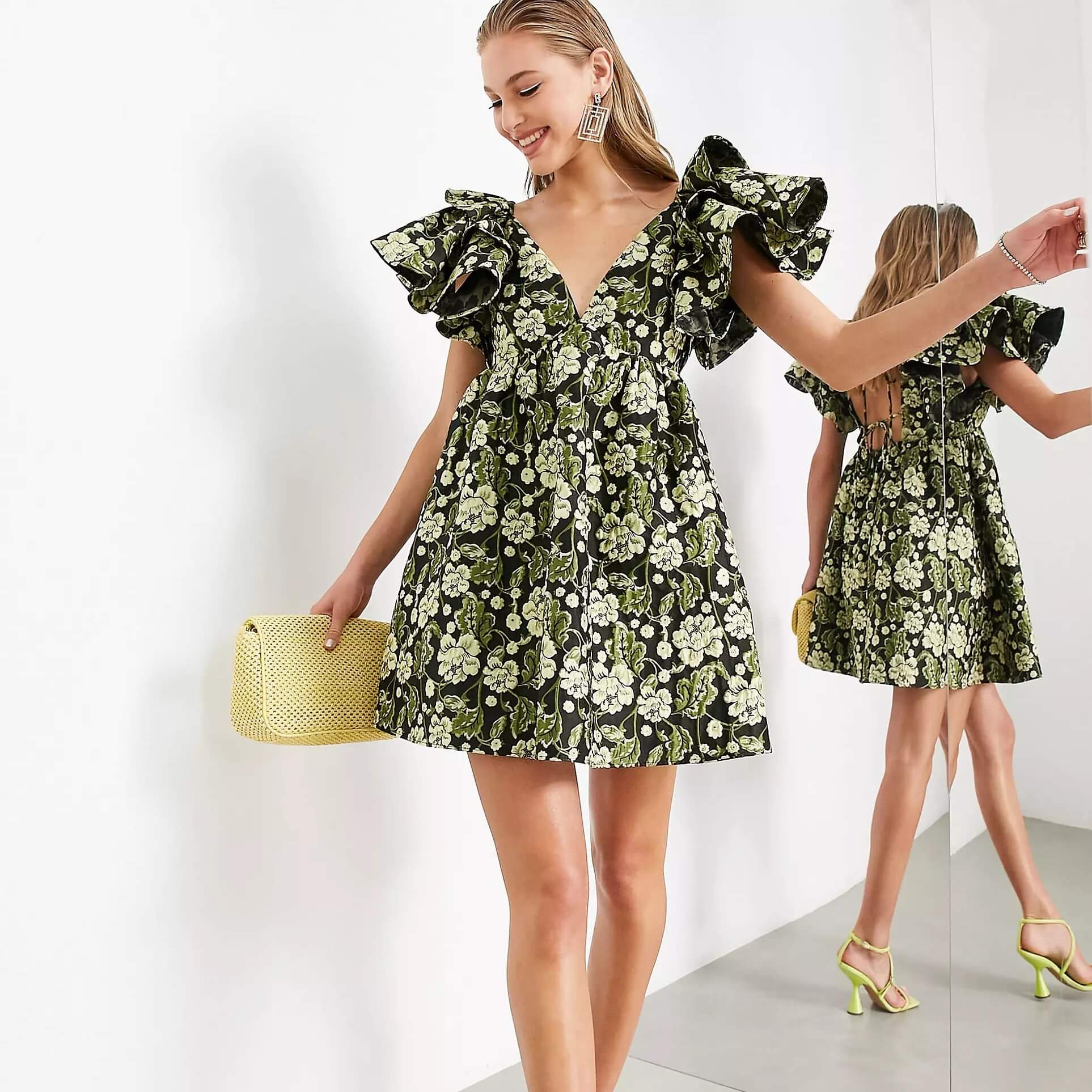 Платье-мини Asos Edition Jacquard Flouncing Sleeves Floral Print, зеленый/желтый/черный