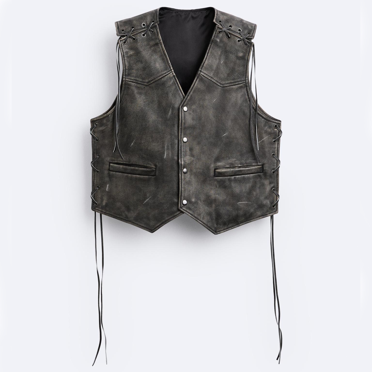 Жилет Zara Vintage-effect Leather, серо-черный мужской замшевый кожаный жилет в британском стиле жилет с v образным вырезом повседневный жилет куртка