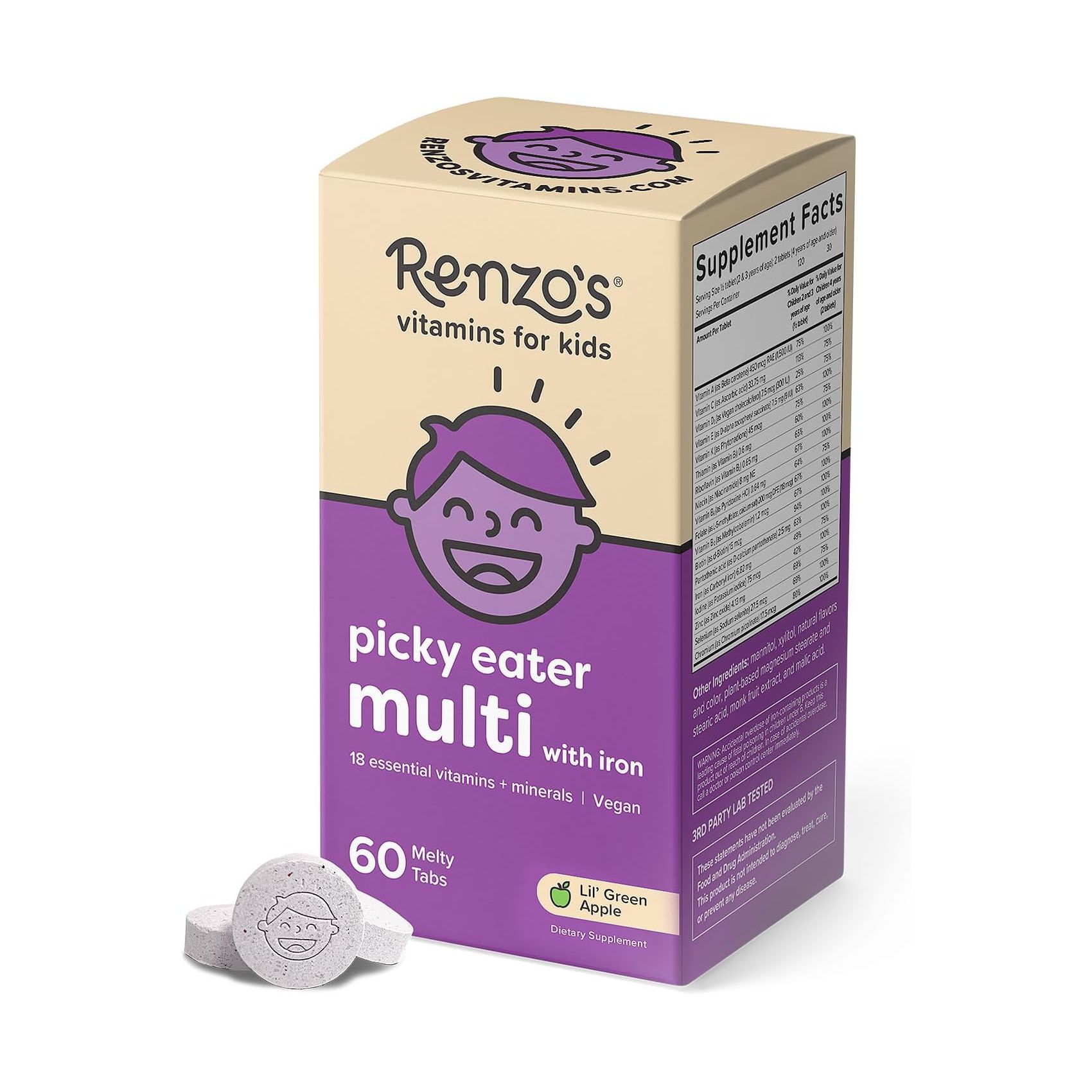 Мультивитамины Renzo's Picky Eater Kids With Iron Apple Flavored, 60 жевательных таблеток бад для женского здоровья lady s formula больше чем поливитамины витамин а d3 е с цинк 60 шт