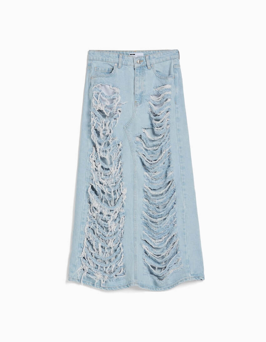 

Джинсовая юбка Bershka Long Ripped Denim Skirt, голубой