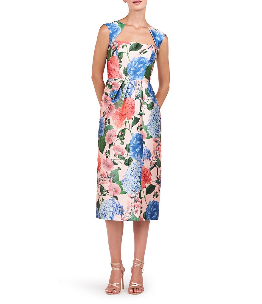 Платье миди с квадратным вырезом и рукавами-крылышками Kay Unger из микадо с цветочным принтом, цветочный