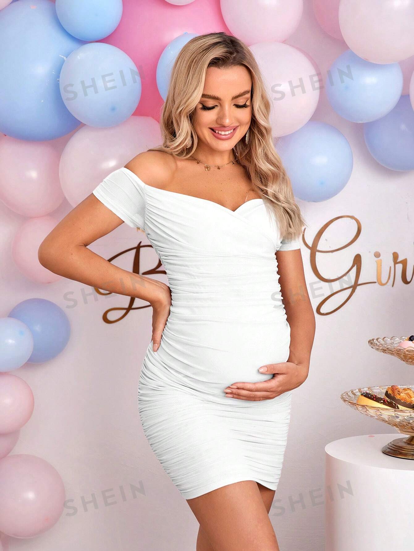 SHEIN Однотонное облегающее модное платье для беременных с открытыми плечами, белый цена и фото