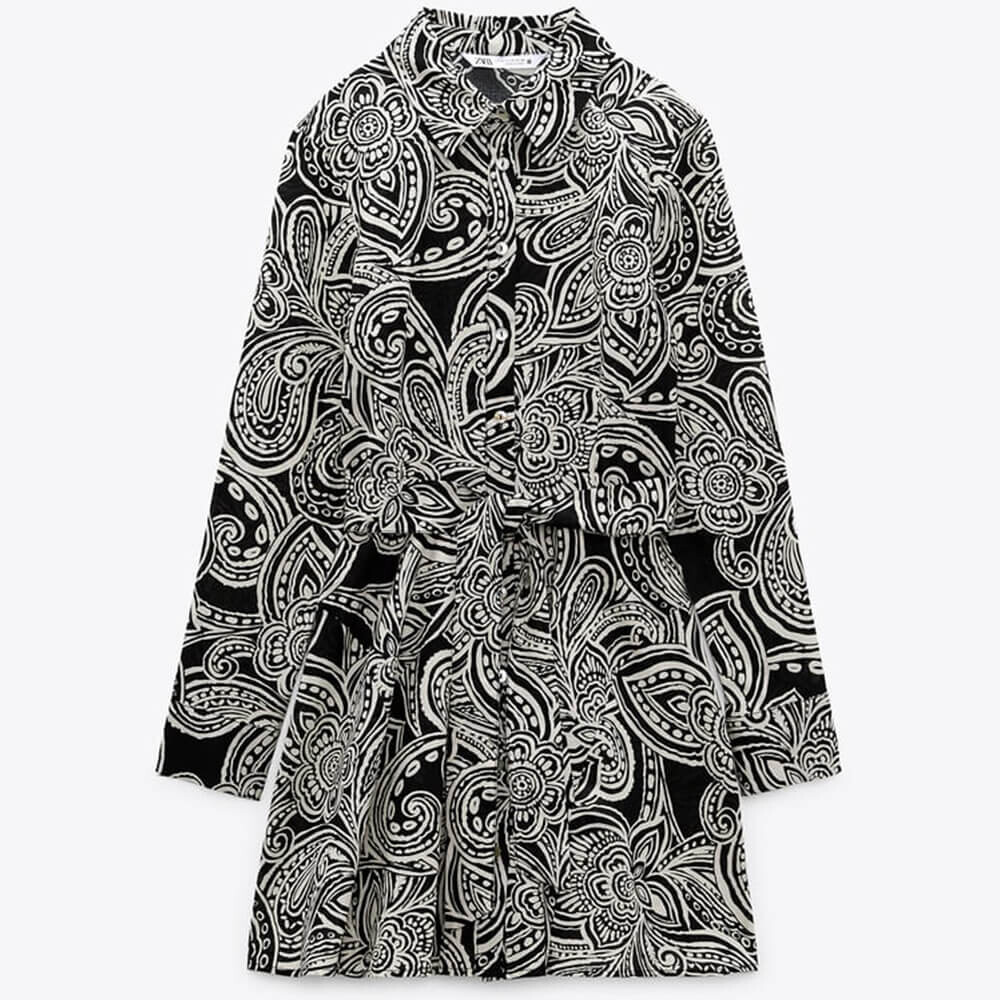 

Платье Zara Printed With Belt, черный/белый