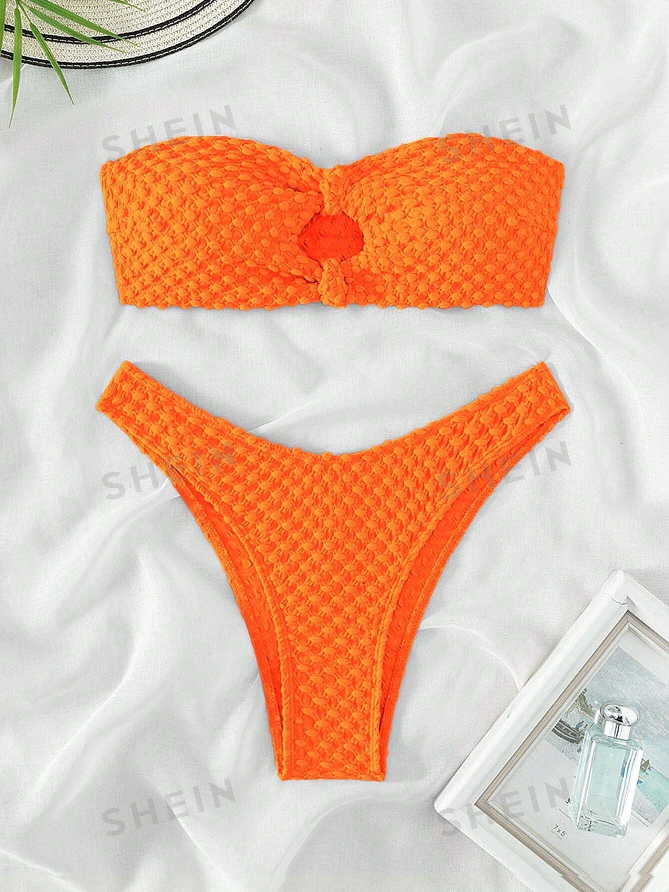 SHEIN Swim Basics Женский текстурированный купальник-бандо из двух частей с V-образным вырезом на талии, апельсин