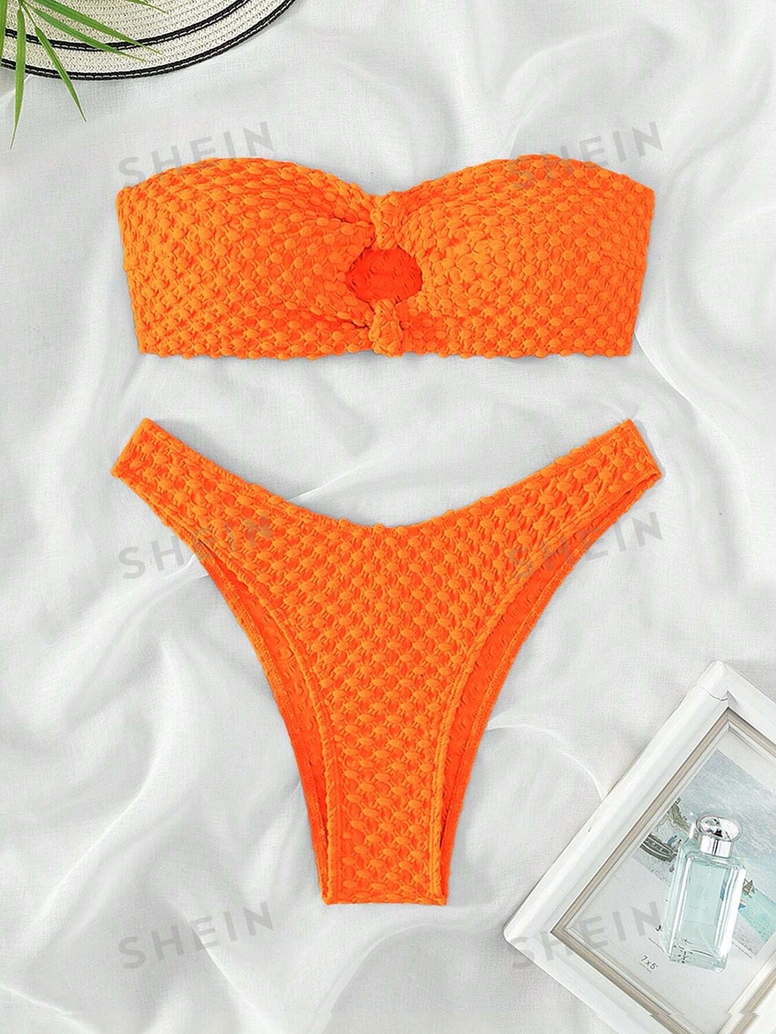 

Купальник-бандо текстурированный Shein Swim Basics из двух частей, оранжевый